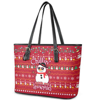 Christmas Chillin With My Snowmies Leather Tote Bag Cool Snowman Red Snowflake Light String - Wonder Print Shop