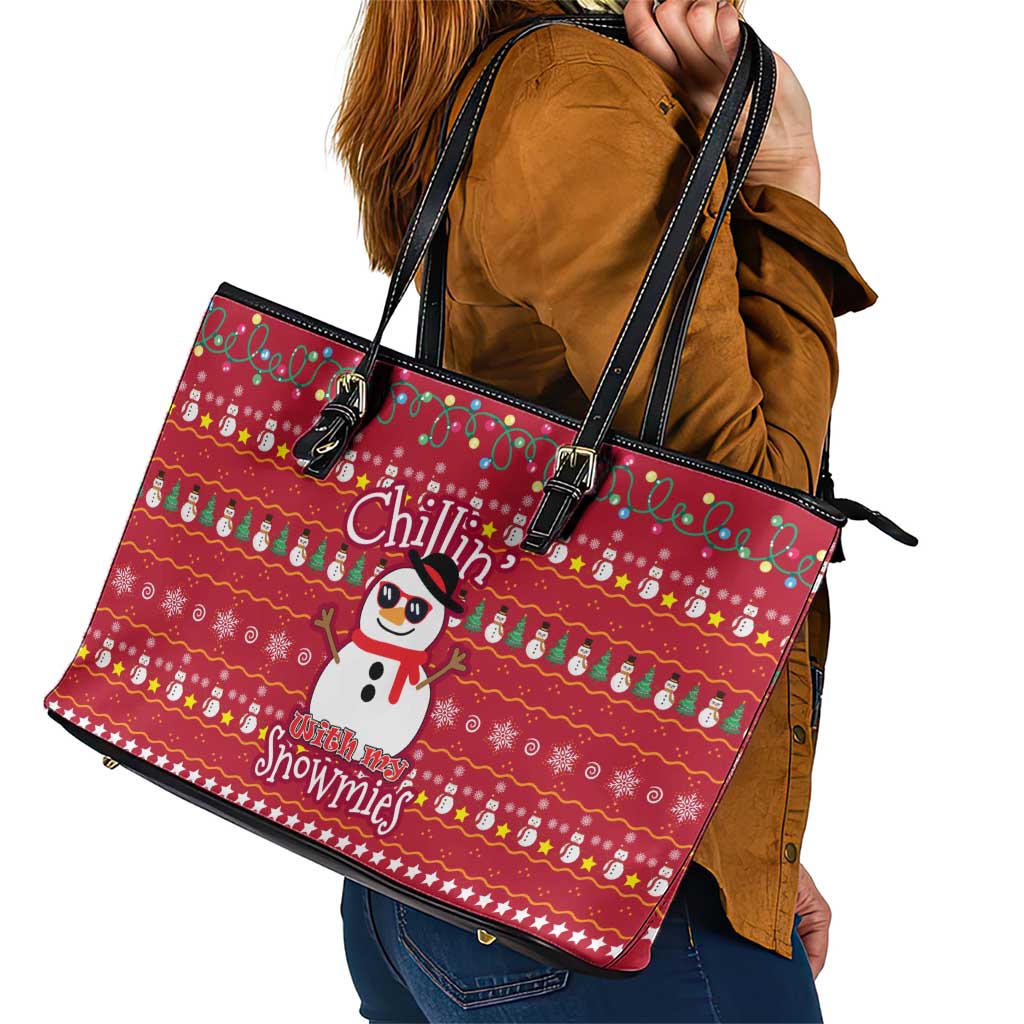 Christmas Chillin With My Snowmies Leather Tote Bag Cool Snowman Red Snowflake Light String - Wonder Print Shop