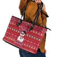 Christmas Chillin With My Snowmies Leather Tote Bag Cool Snowman Red Snowflake Light String - Wonder Print Shop