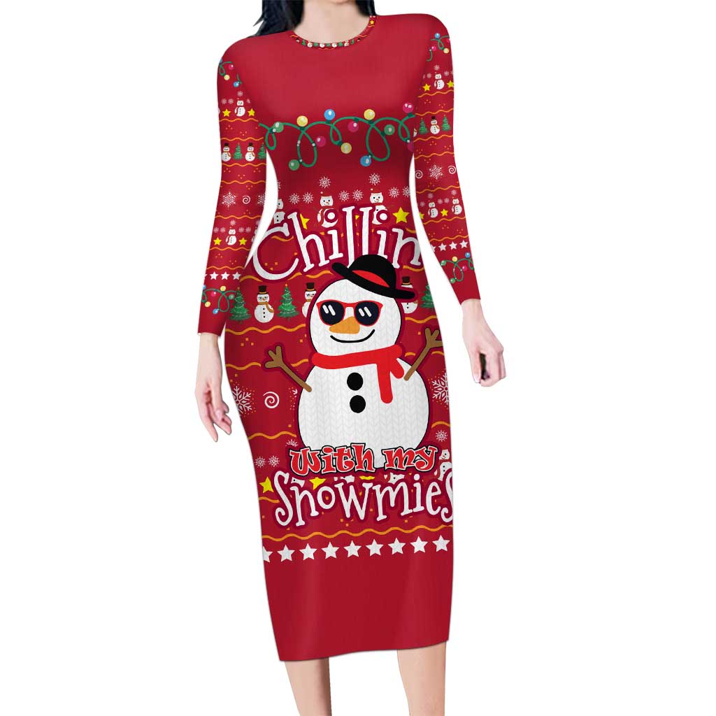 Christmas Chillin With My Snowmies Long Sleeve Bodycon Dress Cool Snowman Red Snowflake Light String - Wonder Print Shop