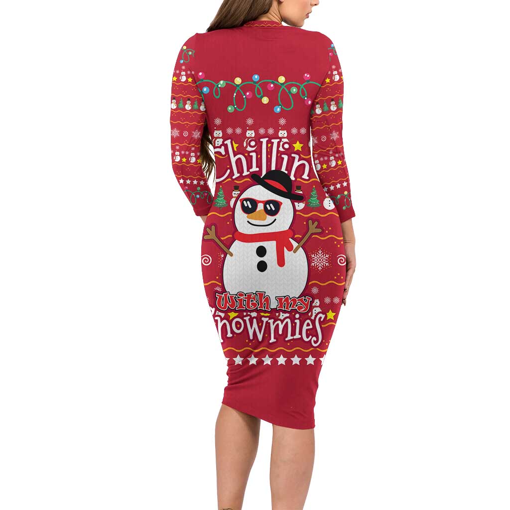 Christmas Chillin With My Snowmies Long Sleeve Bodycon Dress Cool Snowman Red Snowflake Light String - Wonder Print Shop