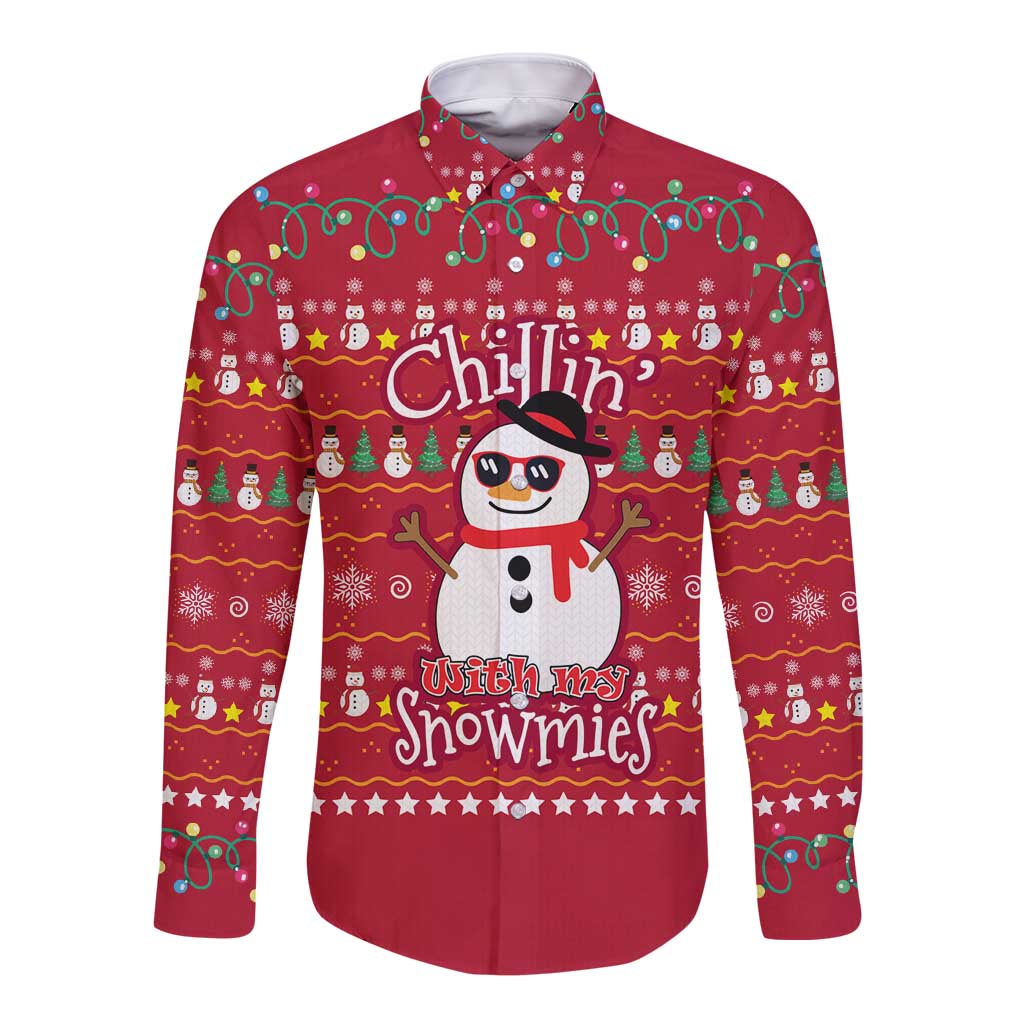 Christmas Chillin With My Snowmies Long Sleeve Button Shirt Cool Snowman Red Snowflake Light String - Wonder Print Shop