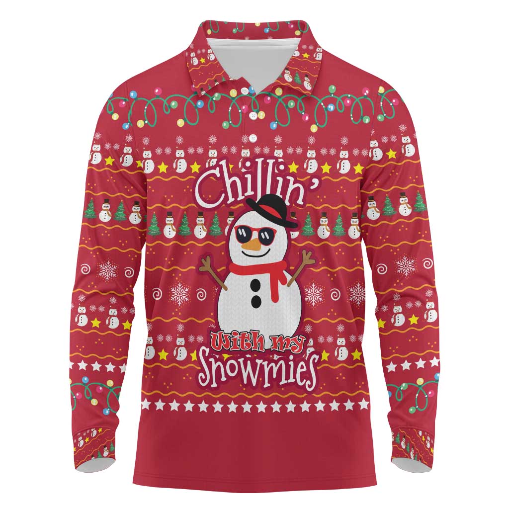 Christmas Chillin With My Snowmies Long Sleeve Polo Shirt Cool Snowman Red Snowflake Light String - Wonder Print Shop
