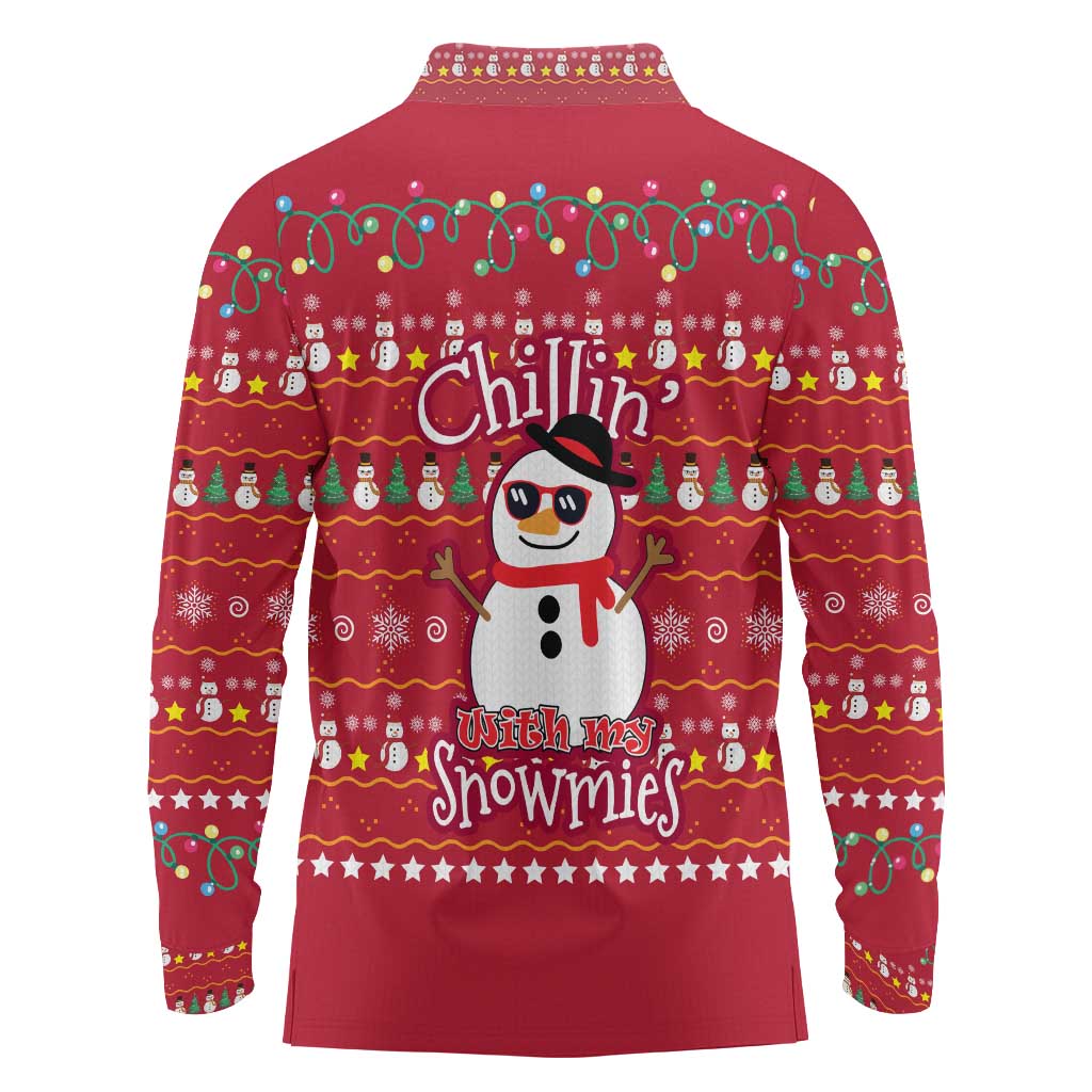 Christmas Chillin With My Snowmies Long Sleeve Polo Shirt Cool Snowman Red Snowflake Light String - Wonder Print Shop