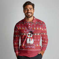 Christmas Chillin With My Snowmies Long Sleeve Polo Shirt Cool Snowman Red Snowflake Light String - Wonder Print Shop