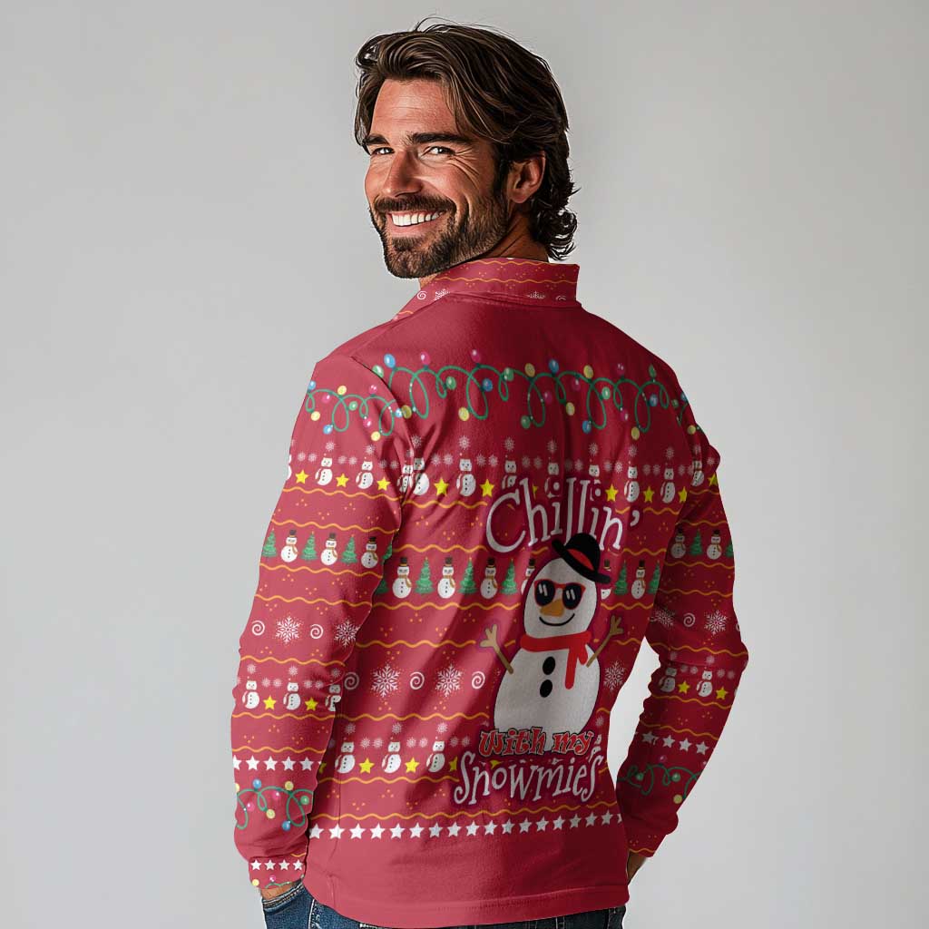 Christmas Chillin With My Snowmies Long Sleeve Polo Shirt Cool Snowman Red Snowflake Light String - Wonder Print Shop