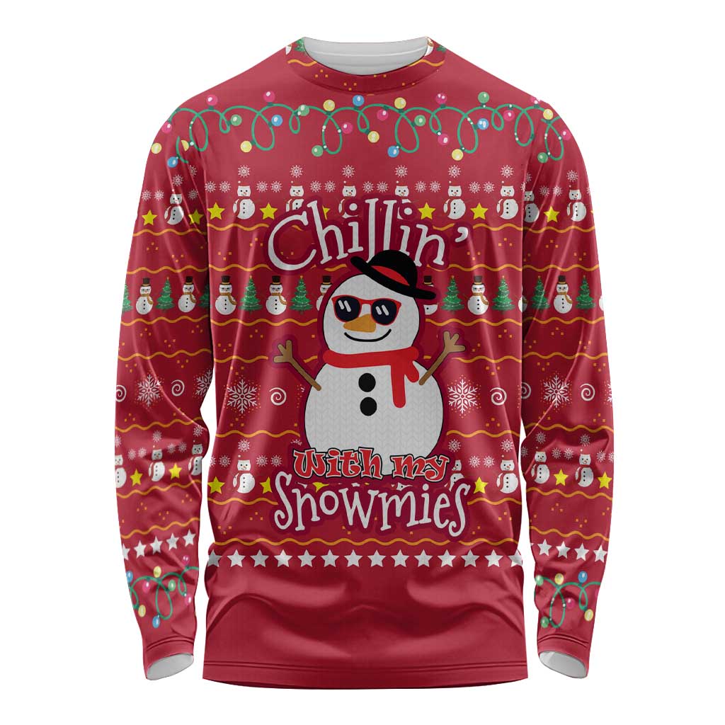 Christmas Chillin With My Snowmies Long Sleeve Shirt Cool Snowman Red Snowflake Light String - Wonder Print Shop
