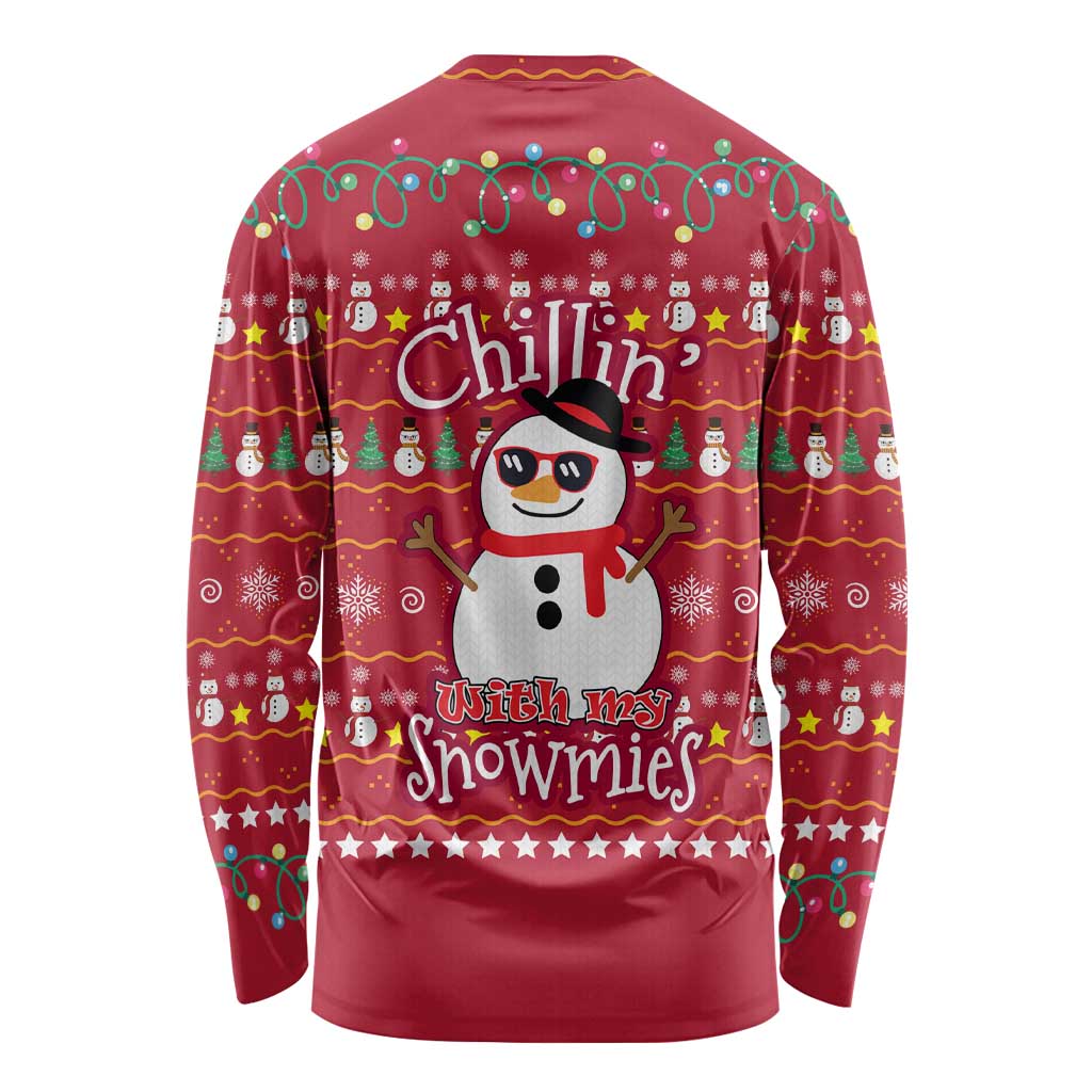 Christmas Chillin With My Snowmies Long Sleeve Shirt Cool Snowman Red Snowflake Light String - Wonder Print Shop