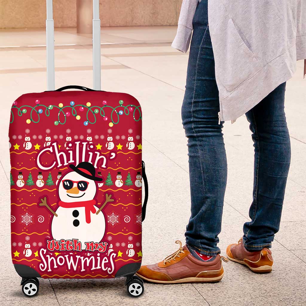 Christmas Chillin With My Snowmies Luggage Cover Cool Snowman Red Snowflake Light String - Wonder Print Shop