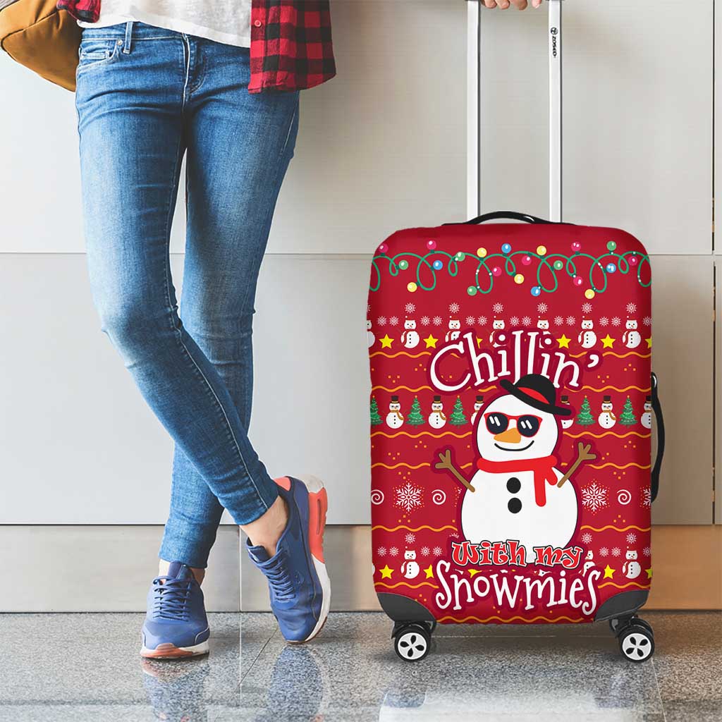 Christmas Chillin With My Snowmies Luggage Cover Cool Snowman Red Snowflake Light String - Wonder Print Shop