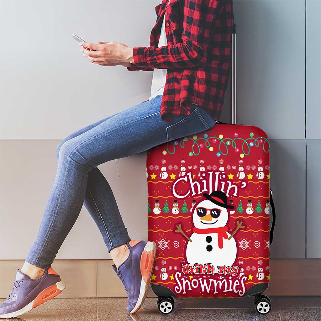 Christmas Chillin With My Snowmies Luggage Cover Cool Snowman Red Snowflake Light String - Wonder Print Shop