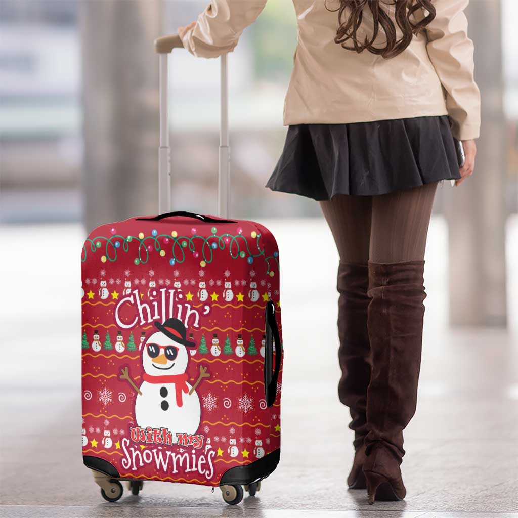 Christmas Chillin With My Snowmies Luggage Cover Cool Snowman Red Snowflake Light String - Wonder Print Shop