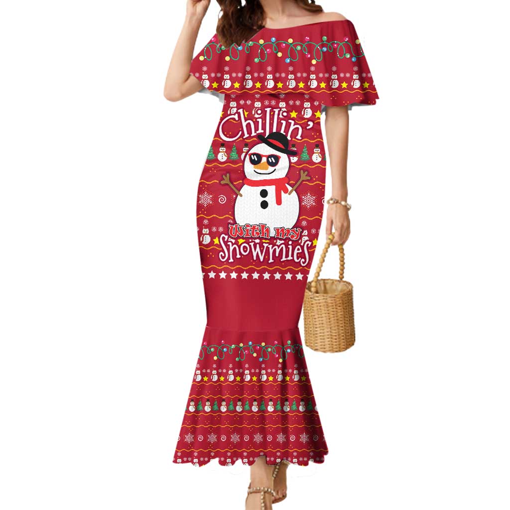 Christmas Chillin With My Snowmies Mermaid Dress Cool Snowman Red Snowflake Light String - Wonder Print Shop