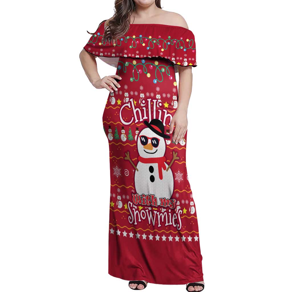 Christmas Chillin With My Snowmies Off Shoulder Maxi Dress Cool Snowman Red Snowflake Light String - Wonder Print Shop