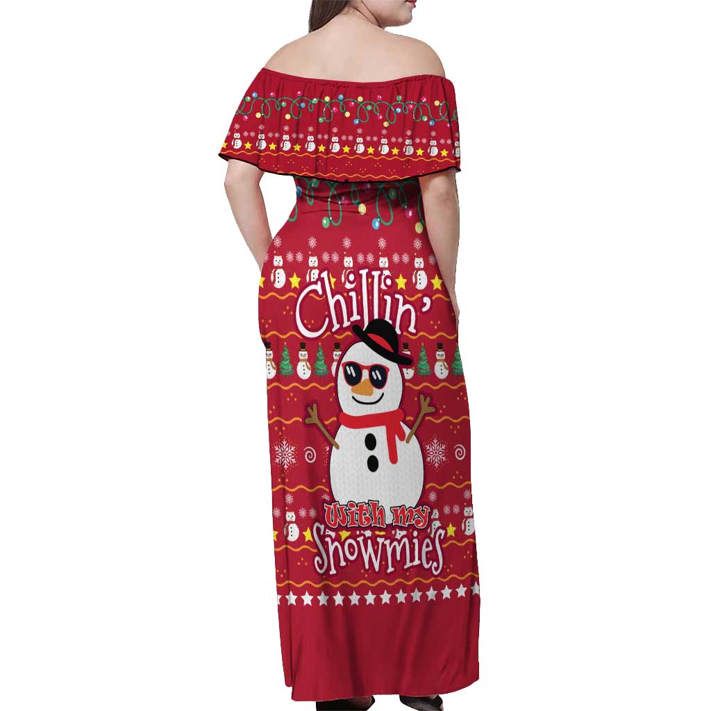 Christmas Chillin With My Snowmies Off Shoulder Maxi Dress Cool Snowman Red Snowflake Light String - Wonder Print Shop