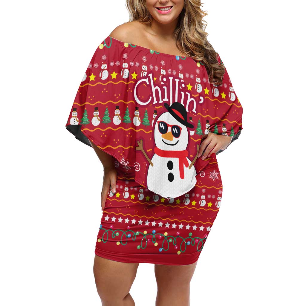 Christmas Chillin With My Snowmies Off Shoulder Short Dress Cool Snowman Red Snowflake Light String - Wonder Print Shop