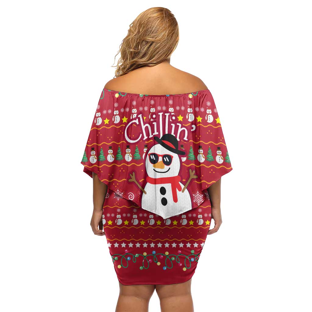 Christmas Chillin With My Snowmies Off Shoulder Short Dress Cool Snowman Red Snowflake Light String - Wonder Print Shop