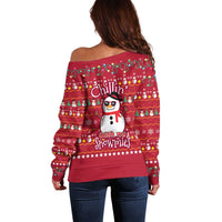 Christmas Chillin With My Snowmies Off Shoulder Sweater Cool Snowman Red Snowflake Light String - Wonder Print Shop