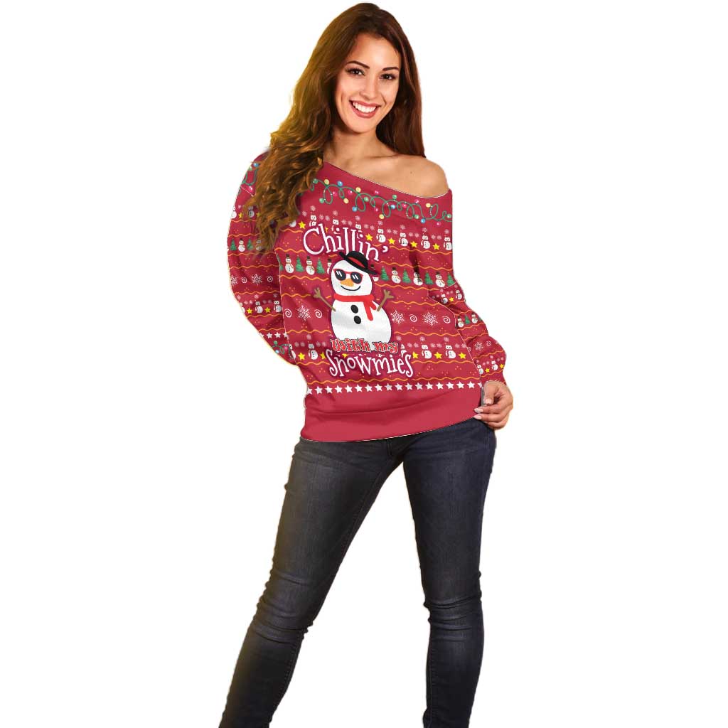 Christmas Chillin With My Snowmies Off Shoulder Sweater Cool Snowman Red Snowflake Light String - Wonder Print Shop