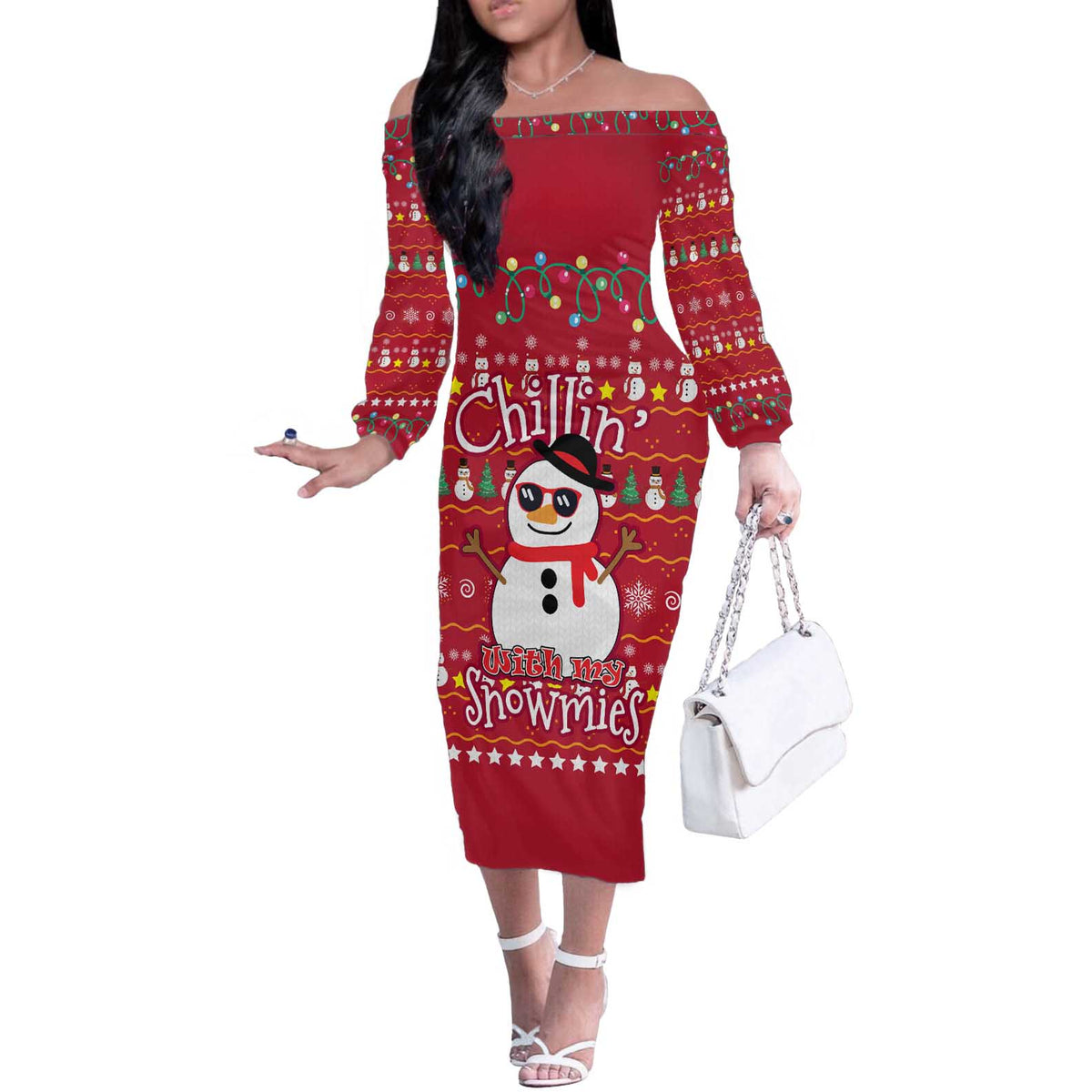 Christmas Chillin With My Snowmies Off The Shoulder Long Sleeve Dress Cool Snowman Red Snowflake Light String - Wonder Print Shop