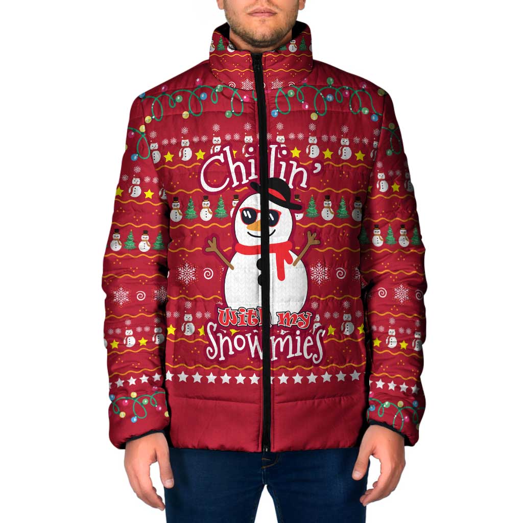 Christmas Chillin With My Snowmies Padded Jacket Cool Snowman Red Snowflake Light String - Wonder Print Shop