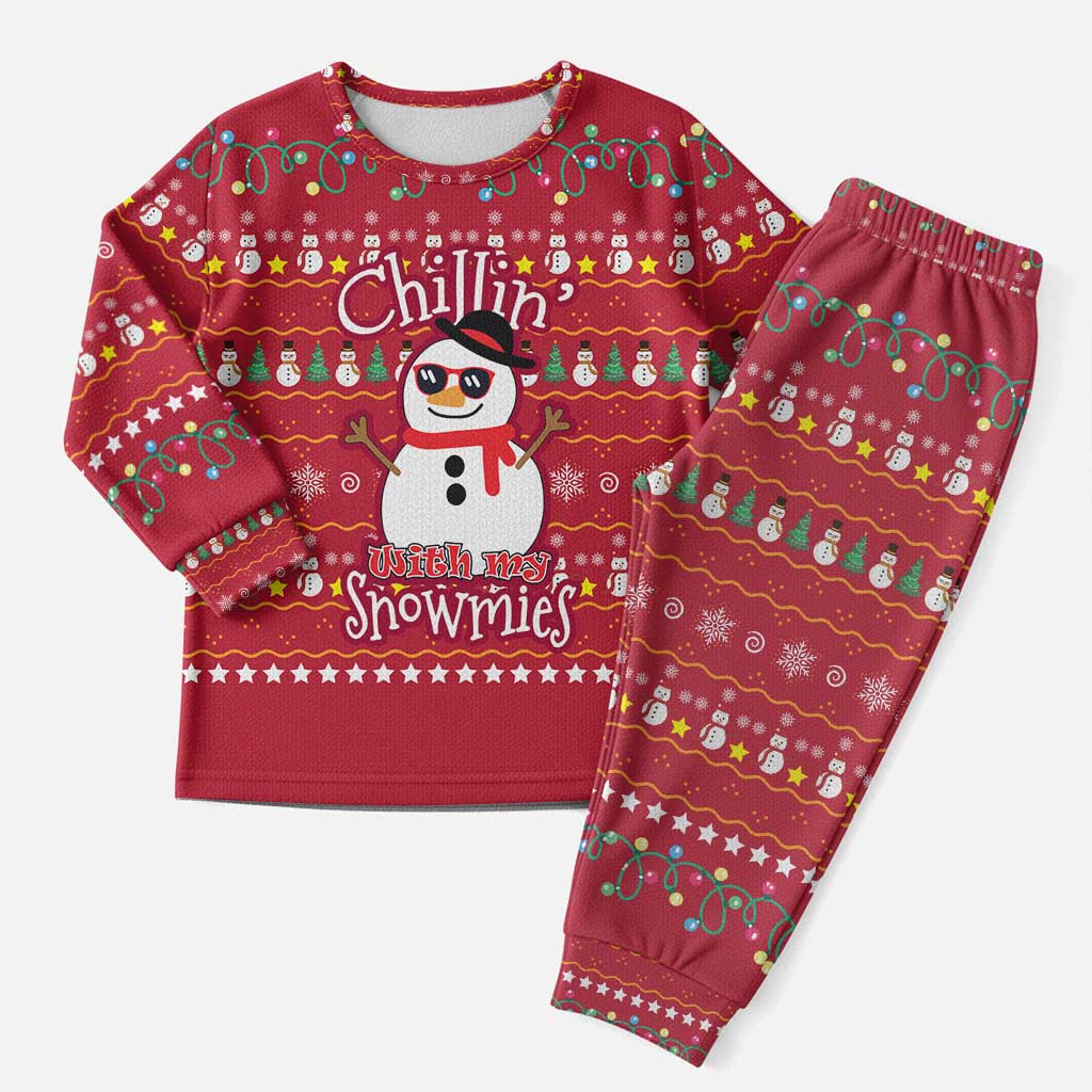Christmas Chillin With My Snowmies Christmas Pajama Set Cool Snowman Red Snowflake Light String - Wonder Print Shop