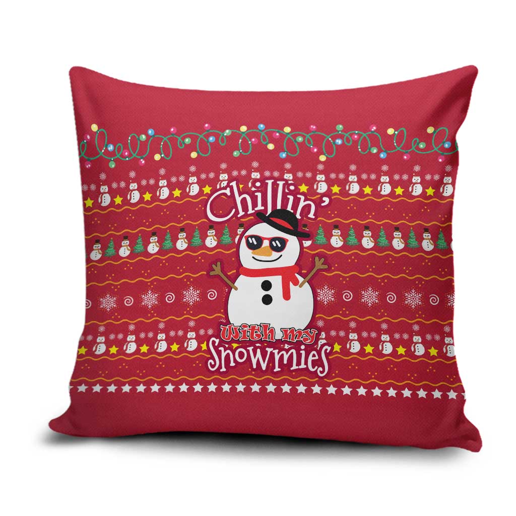 Christmas Chillin With My Snowmies Pillow Cover Cool Snowman Red Snowflake Light String - Wonder Print Shop