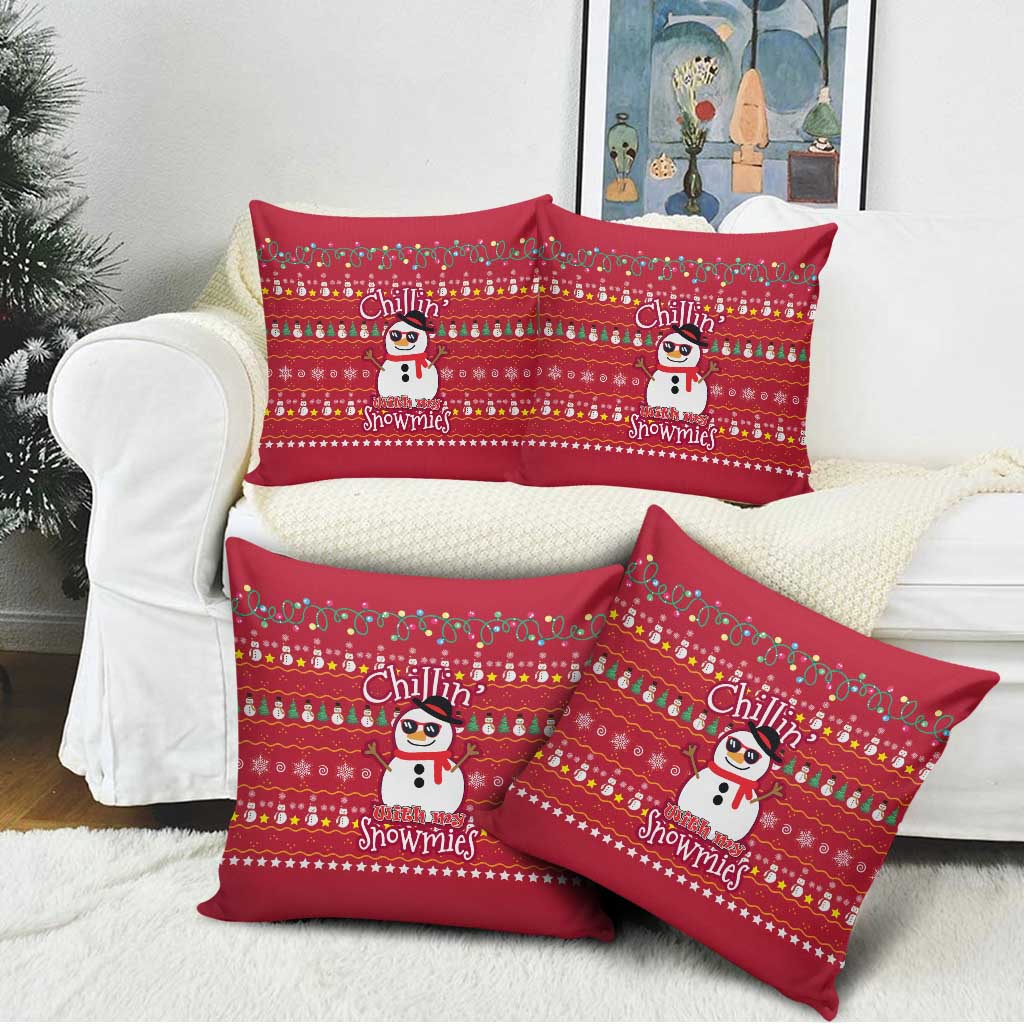 Christmas Chillin With My Snowmies Pillow Cover Cool Snowman Red Snowflake Light String - Wonder Print Shop