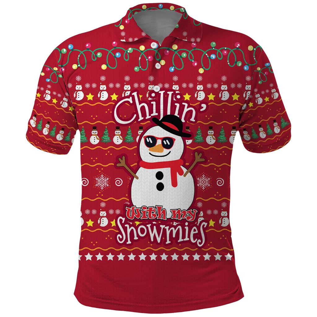 Christmas Chillin With My Snowmies Polo Shirt Cool Snowman Red Snowflake Light String - Wonder Print Shop