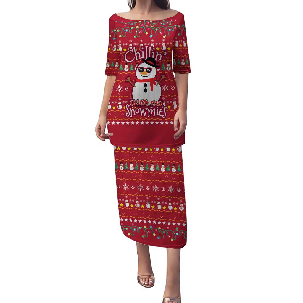 Christmas Chillin With My Snowmies Puletasi Cool Snowman Red Snowflake Light String - Wonder Print Shop