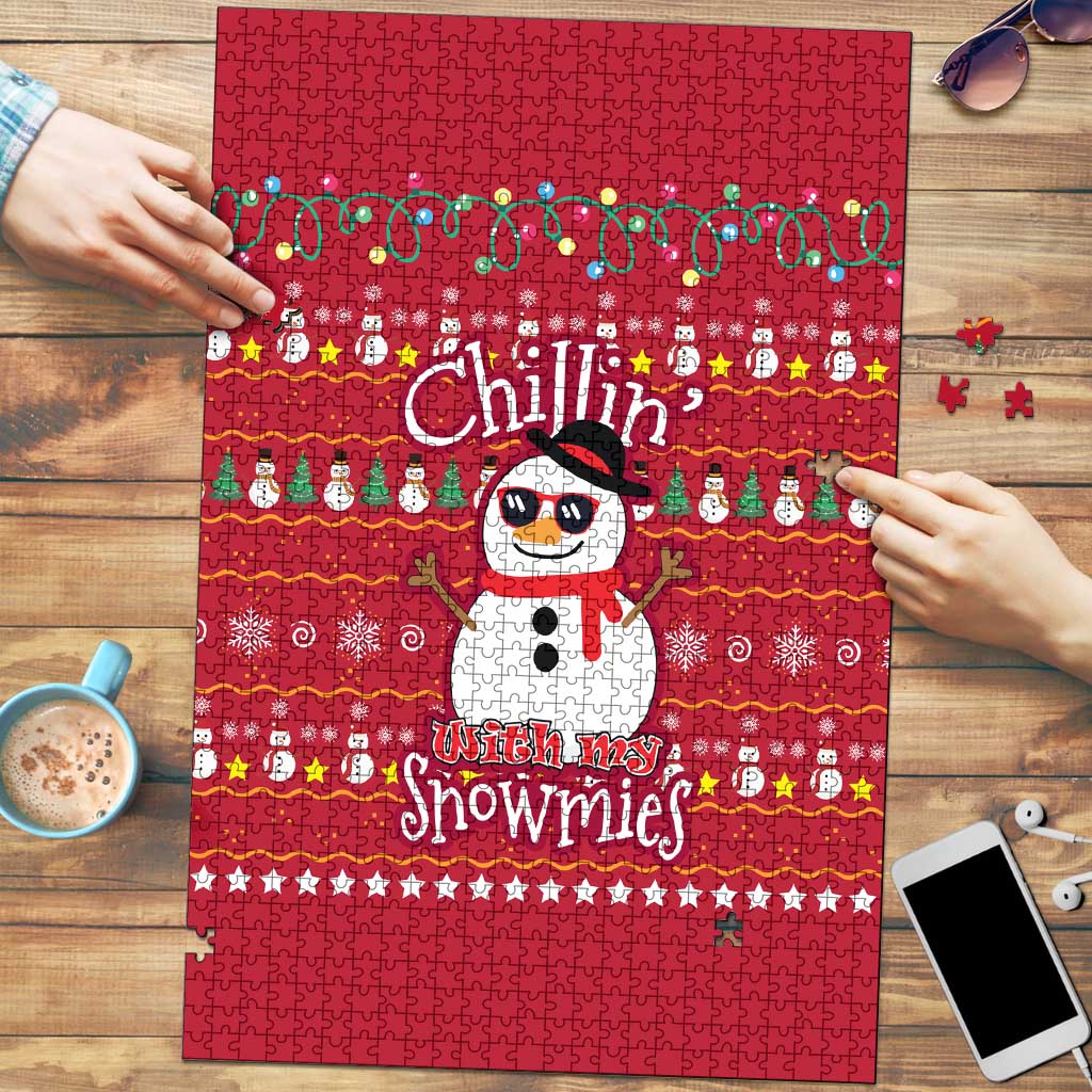 Christmas Chillin With My Snowmies Puzzle Cool Snowman Red Snowflake Light String - Wonder Print Shop