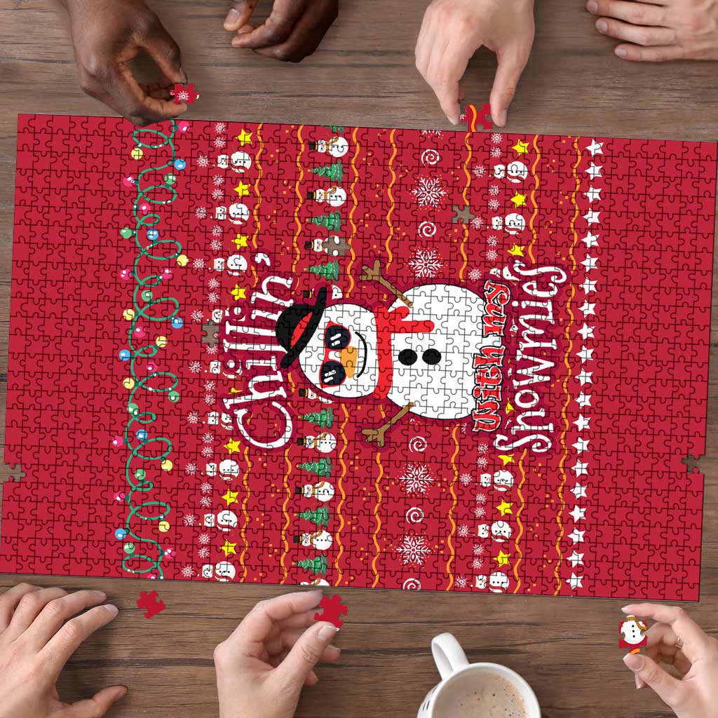 Christmas Chillin With My Snowmies Puzzle Cool Snowman Red Snowflake Light String - Wonder Print Shop