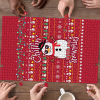 Christmas Chillin With My Snowmies Puzzle Cool Snowman Red Snowflake Light String - Wonder Print Shop