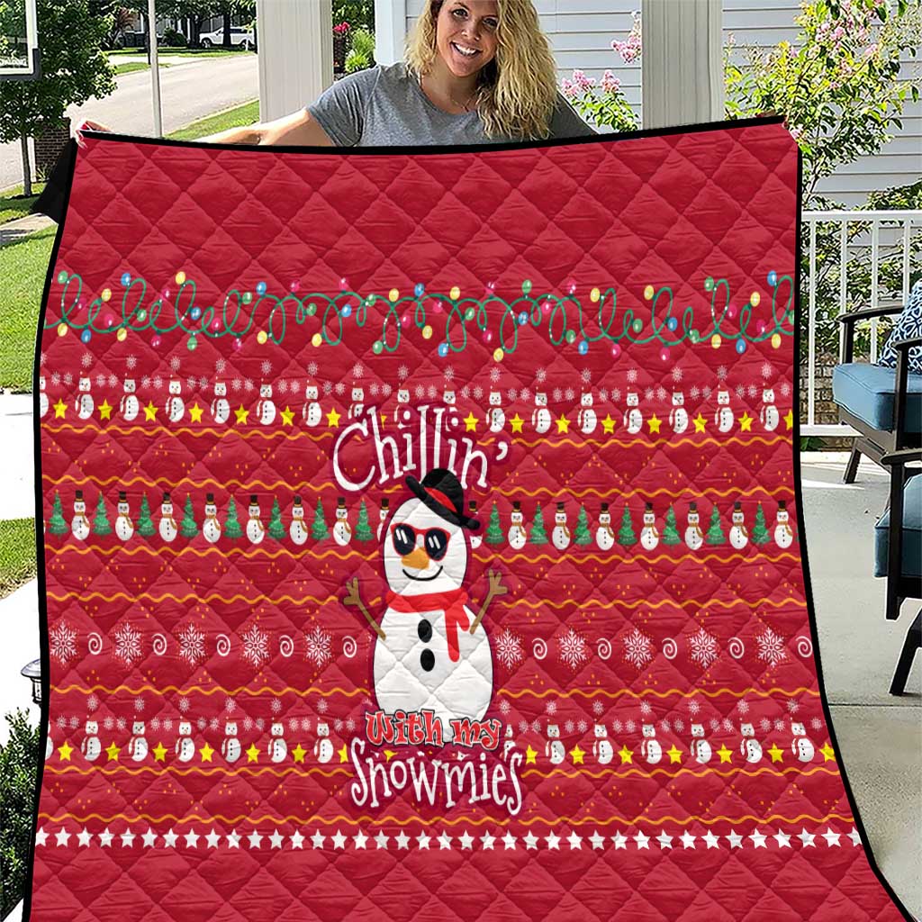 Christmas Chillin With My Snowmies Quilt Cool Snowman Red Snowflake Light String - Wonder Print Shop