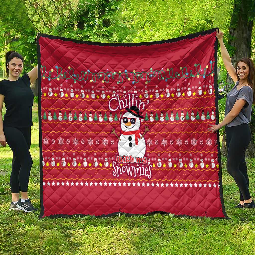 Christmas Chillin With My Snowmies Quilt Cool Snowman Red Snowflake Light String - Wonder Print Shop