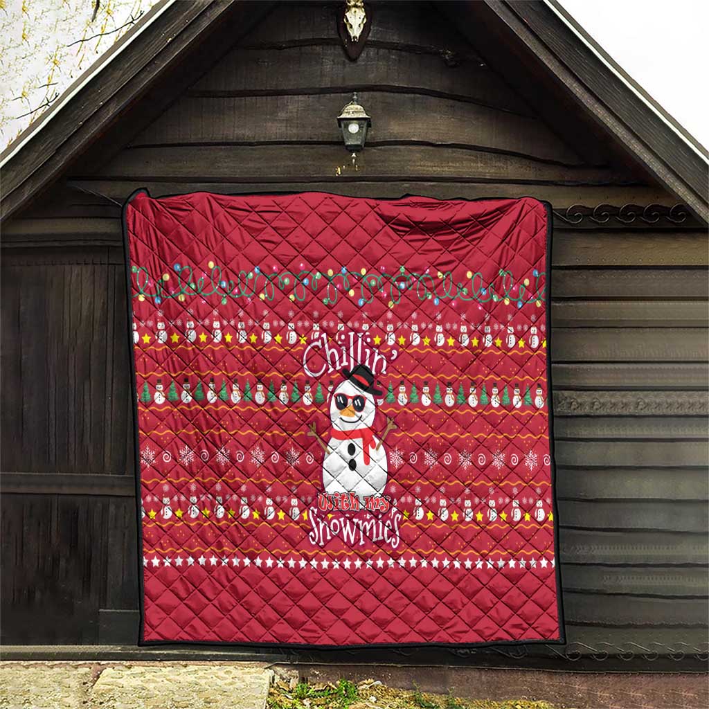 Christmas Chillin With My Snowmies Quilt Cool Snowman Red Snowflake Light String - Wonder Print Shop