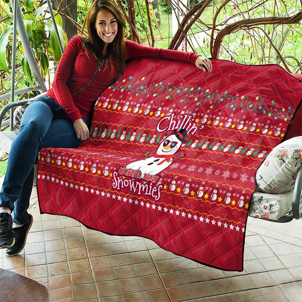 Christmas Chillin With My Snowmies Quilt Cool Snowman Red Snowflake Light String - Wonder Print Shop