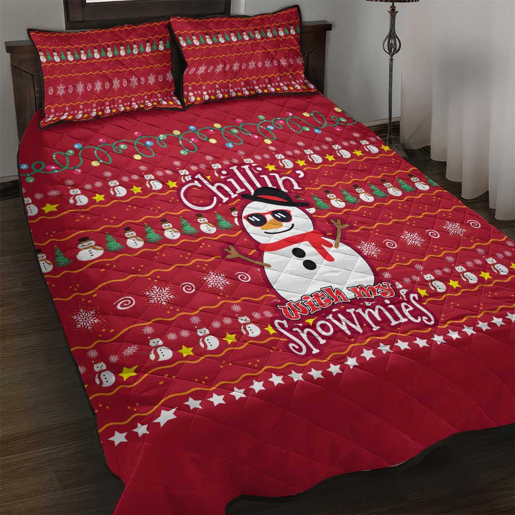 Christmas Chillin With My Snowmies Quilt Bed Set Cool Snowman Red Snowflake Light String - Wonder Print Shop