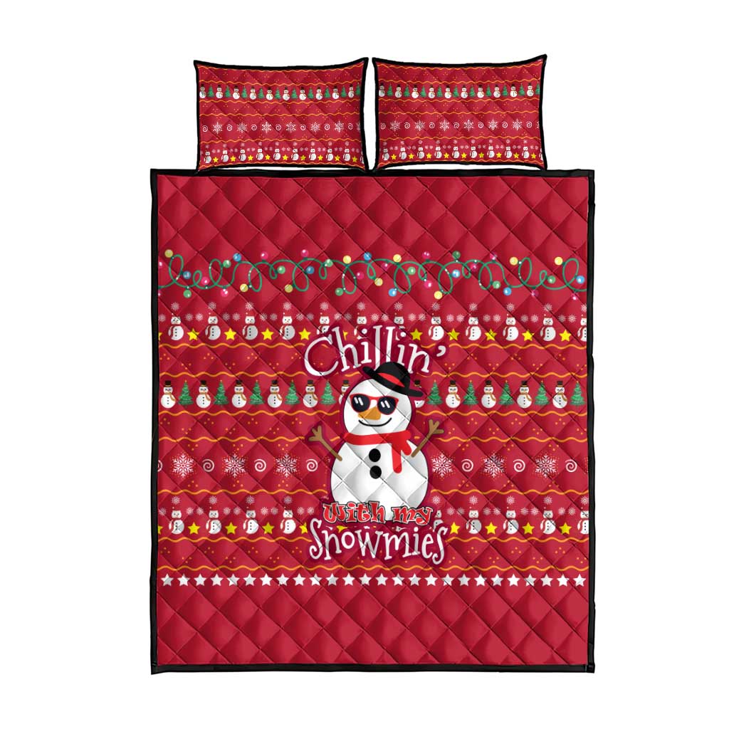 Christmas Chillin With My Snowmies Quilt Bed Set Cool Snowman Red Snowflake Light String - Wonder Print Shop
