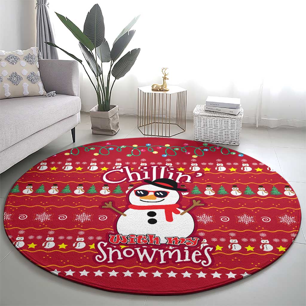 Christmas Chillin With My Snowmies Round Carpet Cool Snowman Red Snowflake Light String - Wonder Print Shop