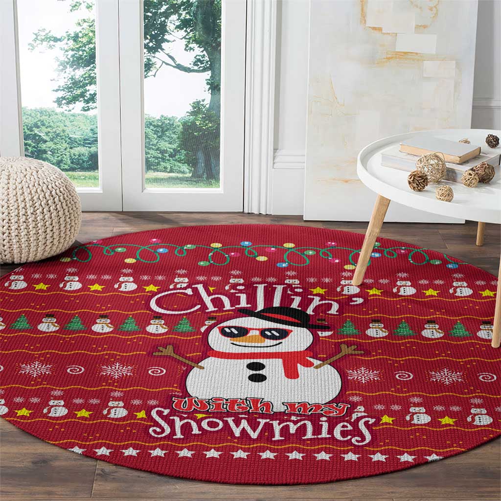 Christmas Chillin With My Snowmies Round Carpet Cool Snowman Red Snowflake Light String - Wonder Print Shop