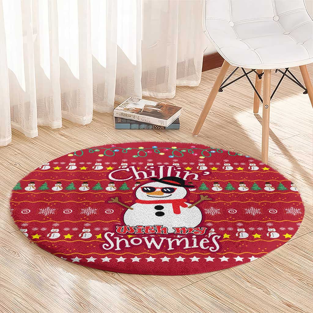 Christmas Chillin With My Snowmies Round Carpet Cool Snowman Red Snowflake Light String - Wonder Print Shop