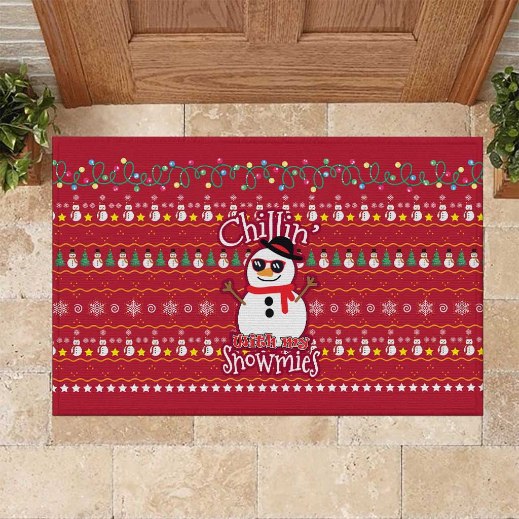 Christmas Chillin With My Snowmies Rubber Doormat Cool Snowman Red Snowflake Light String - Wonder Print Shop