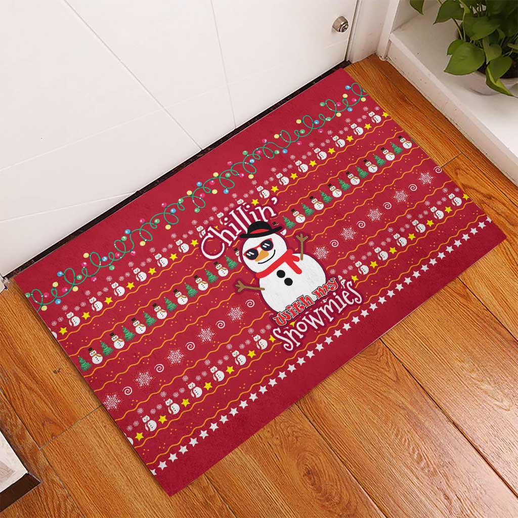 Christmas Chillin With My Snowmies Rubber Doormat Cool Snowman Red Snowflake Light String - Wonder Print Shop