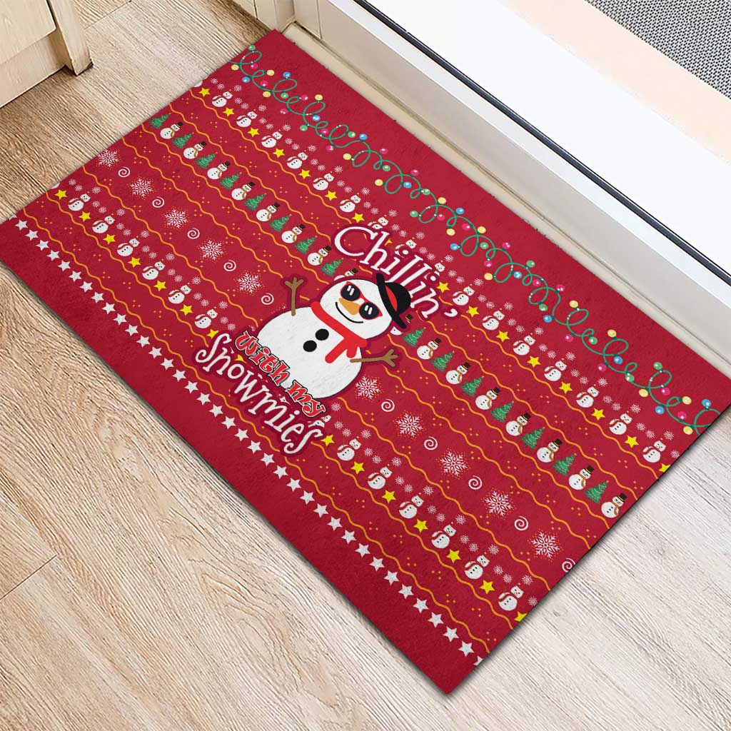Christmas Chillin With My Snowmies Rubber Doormat Cool Snowman Red Snowflake Light String - Wonder Print Shop