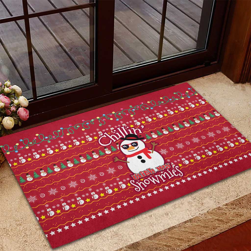 Christmas Chillin With My Snowmies Rubber Doormat Cool Snowman Red Snowflake Light String - Wonder Print Shop