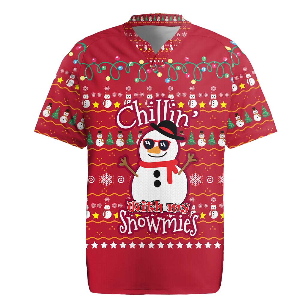Christmas Chillin With My Snowmies Rugby Jersey Cool Snowman Red Snowflake Light String - Wonder Print Shop