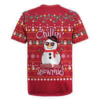 Christmas Chillin With My Snowmies Rugby Jersey Cool Snowman Red Snowflake Light String - Wonder Print Shop