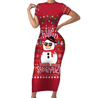 Christmas Chillin With My Snowmies Short Sleeve Bodycon Dress Cool Snowman Red Snowflake Light String - Wonder Print Shop