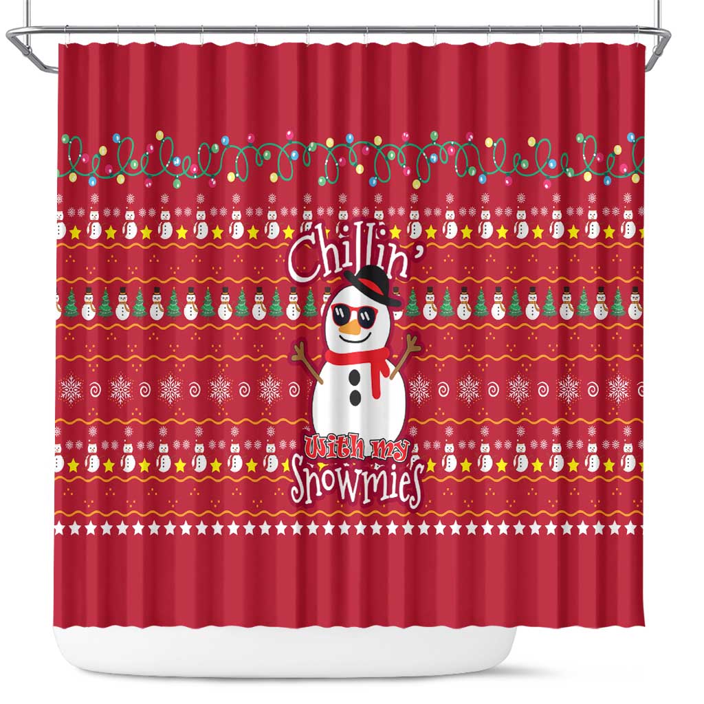 Christmas Chillin With My Snowmies Shower Curtain Cool Snowman Red Snowflake Light String - Wonder Print Shop